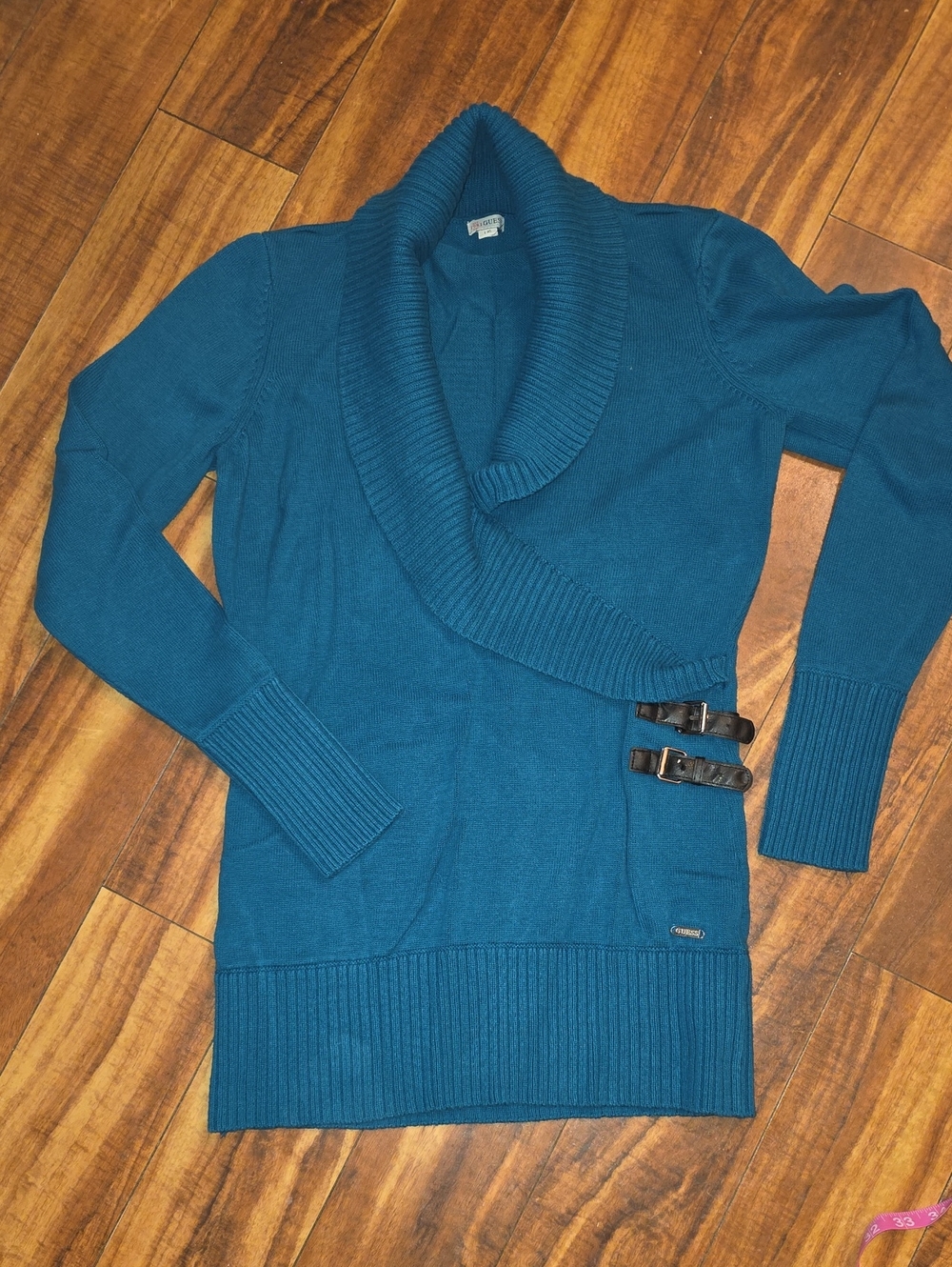 Women’s Teal Shawl Collar Sweater with Buckle Detail